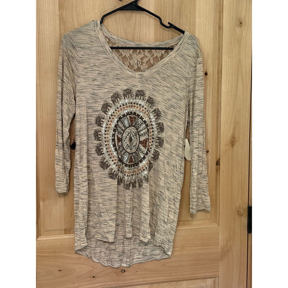 Tru Self Women's Brown Boho Top 3/4 Sleeve Lace Back Top, Medium NWT